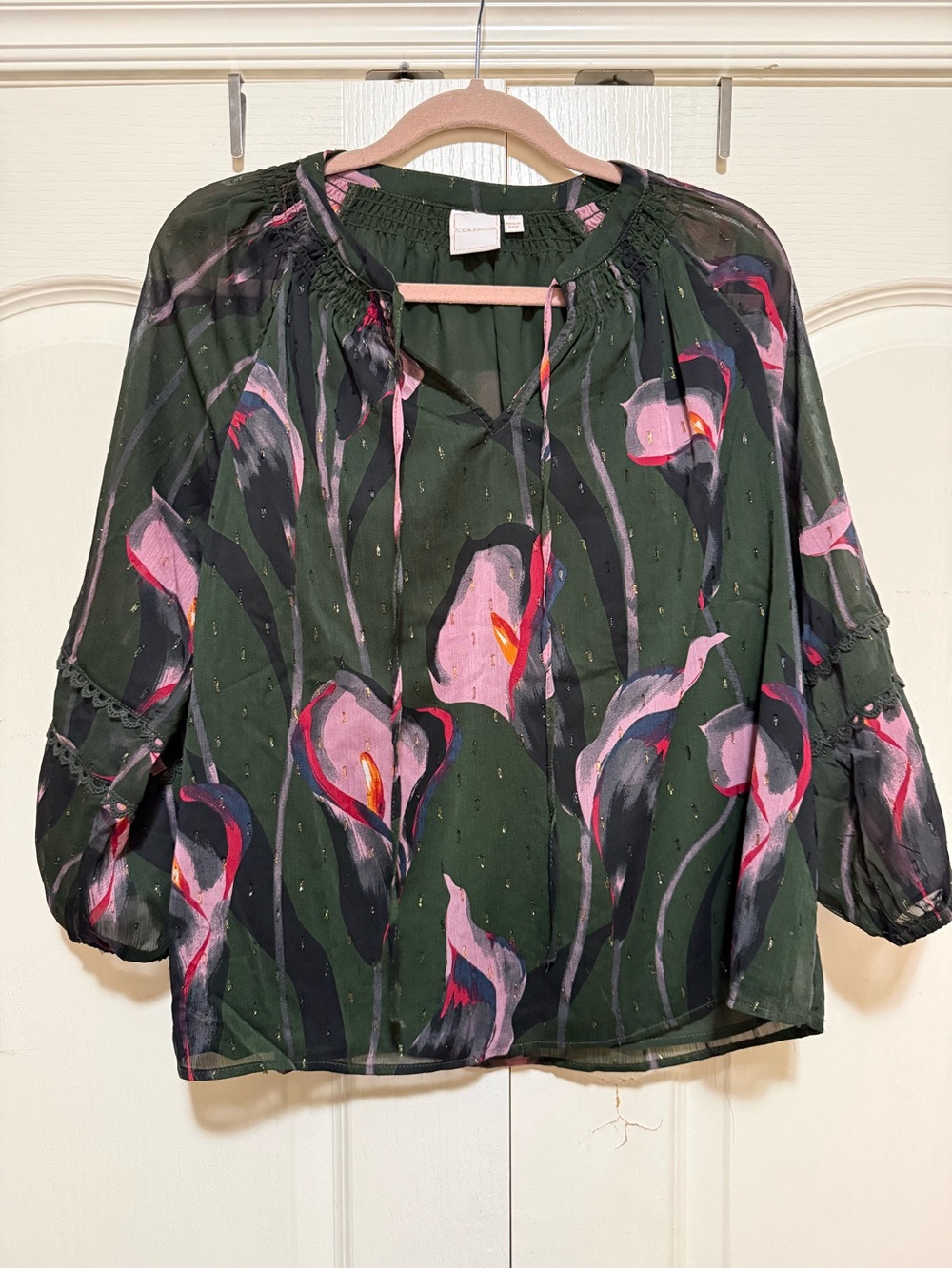 Zac & Rachel Dark Green Sheer Floral Tie-Neck Blouse